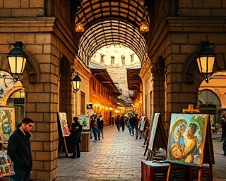 renaissance marketplace, vibrant, showcasing art, photorealistic, cobblestone paths with ornate arches, highly detailed, artists painting and musicians playing, golden hour lighting, rich warm tones, shot with a 24mm lens