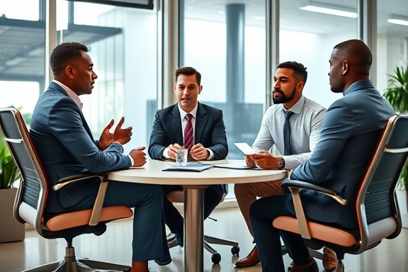 dedicated agency team, determined focus, campaign discussion, photorealistic, chic office setting with ergonomic chairs, highly detailed, proactive engagement, sharp image sharpness, classic corporate colors, bright daylight, shot with a portrait lens.