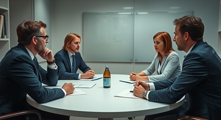intimate agency meeting, focused expressions, decision-making, photorealistic, professional meeting room with a round table, highly detailed, animated discussions, precise image details, neutral color tones, soft lighting, shot with a macro lens.