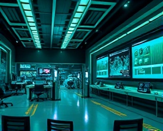 avant-garde agency concept, futuristic thinking, innovation lab, photorealistic, high-tech setting with advanced displays, highly detailed, advanced tech analogies, exceptional detail quality, cool green tints, directional lighting, shot with a lensbaby lens.