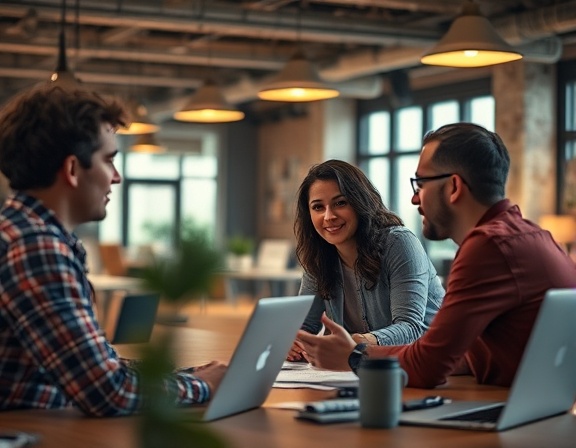dynamic agency team, collaborative atmosphere, strategizing session, photorealistic, open-plan workspace, highly detailed, engaging interactions, cinematic depth of field, warm tones, ambient lighting, shot with a 50mm prime lens.