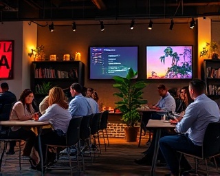 collaborative marketing agency, enjoying teamwork, creative session, photorealistic, eclectic setting with flexible seating, highly detailed, active participation, high-definition clarity, vibrant spectrum of colors, evening glow light, shot with a panoramic lens.