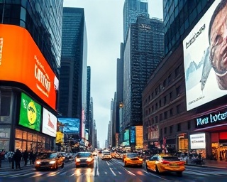 modern urban marketing hub, sleek, launching products, photorealistic, skyscrapers with digital billboards, highly detailed, cars and people in constant motion, neon lighting, vibrant contrasting colors, shot with a 14mm lens