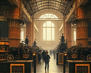 industrial revolution trade fair, energetic, promoting innovations, photorealistic, bustling exhibition halls with steam engines, highly detailed, smoke and gears creating motion, artificial lighting from gas lamps, sepia tones, shot with a 28mm lens