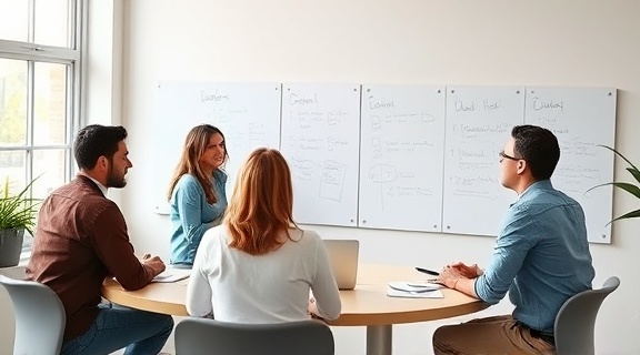 motivated agency team, team synergy, proposal review, photorealistic, casual breakout area with whiteboards, highly detailed, collaborative brainstorming, high-resolution clarity, soft pastel colors, natural morning light, shot with a standard lens.