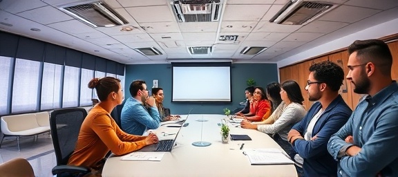 energetic agency meeting, focused minds, strategic planning, photorealistic, spacious conference room with projectors, highly detailed, dynamic team collaboration, crystal-clear definition, professional color scheme, overhead lighting, shot with a fisheye lens.