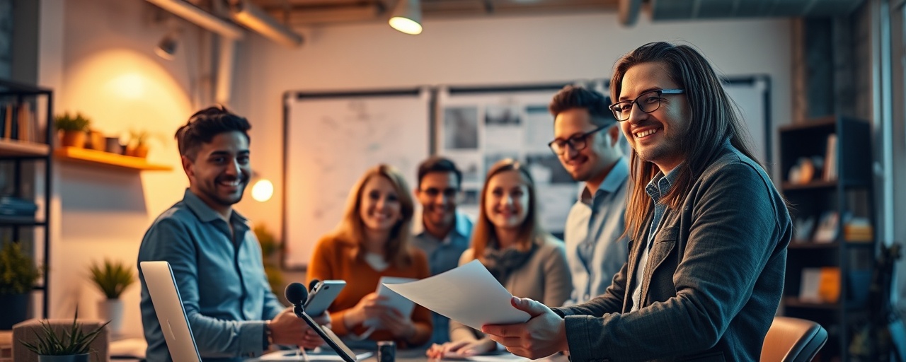 enthusiastic agency team, harmonious teamwork, brand development, photorealistic, resourceful space with collaborative tools, highly detailed, seamless creative exchange, extreme detail precision, warm and inviting colors, focused spotlights, shot with a micro lens.