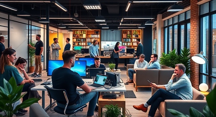 bustling agency office, energetic vibe, team planning, photorealistic, stylish furniture and high-tech gadgets, highly detailed, lively teamwork dynamics, crisp clarity, colorful accents, artificial LED light highlights, shot with a zoom lens.