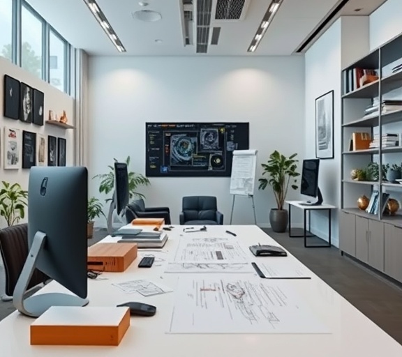 strategic agency office, sleek professionalism, content creation, photorealistic, streamlined workspace with digital drafting tools, highly detailed, smooth workflow process, exquisite definition details, neutral color blends, soft office lighting, shot with a kit lens.