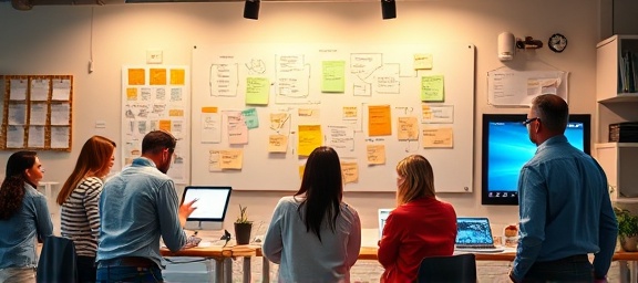 vivacious marketing agency, spirited creativity, idea mapping, photorealistic, hi-tech workspace with digital boards, highly detailed, interactive team sessions, vivid detail orientation, lively color spectrum, ambient office lighting, shot with a super wide-angle lens.